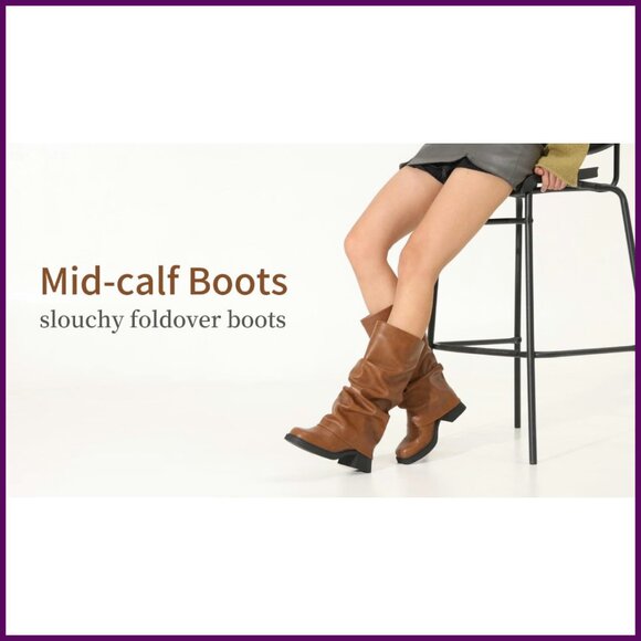 Slouchy Mid Calf Boots 2 Inch Block Heel Square Toe Pull On Booties - Picture 8 of 8